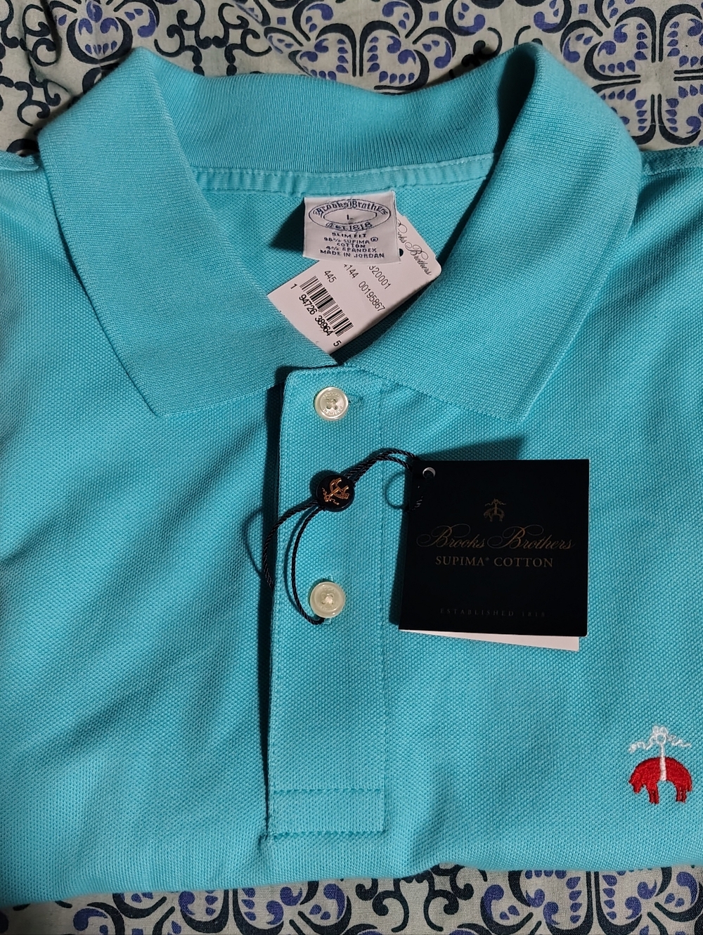 😲🔥BROOKS BROTHERS Embroidered Red Elephant Polo Accent on Turquoise Polo - L